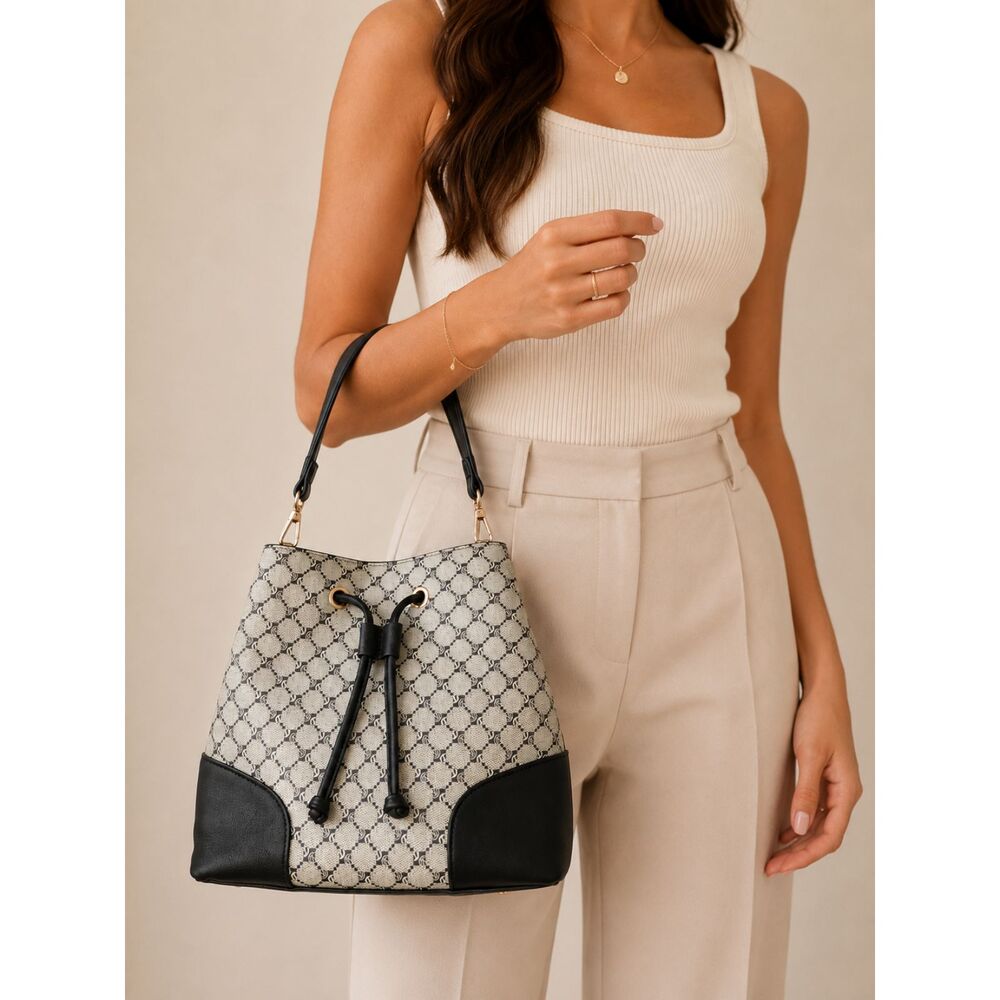 Le Bag Monogram Drawstring Bucket Tote Bag Black Cream Shoulder Purse NWT